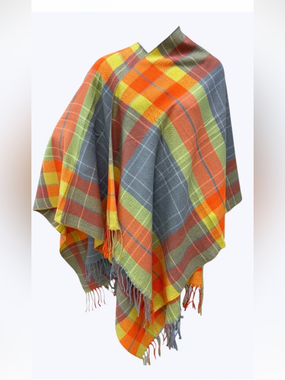 Plaid Fringe poncho - Orange, Gray & Lime -